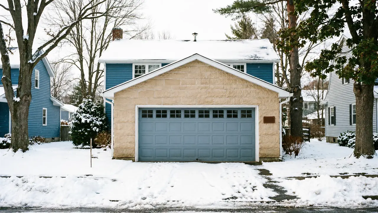 A blue house with a light brown garage and a gray garage door in winter.